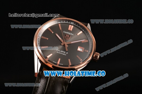 Tag Heuer Carrera Calibre 5 Automatic Swiss ETA 2824 Automatic Steel Case with Grey Dial Stick Markers and Rose Gold Bezel - Click Image to Close